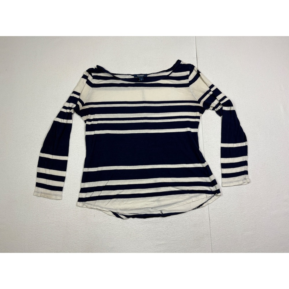 Old Navy Womens Medium Navy Blue White Striped Boat Neck Long Sleeve T-Shirt